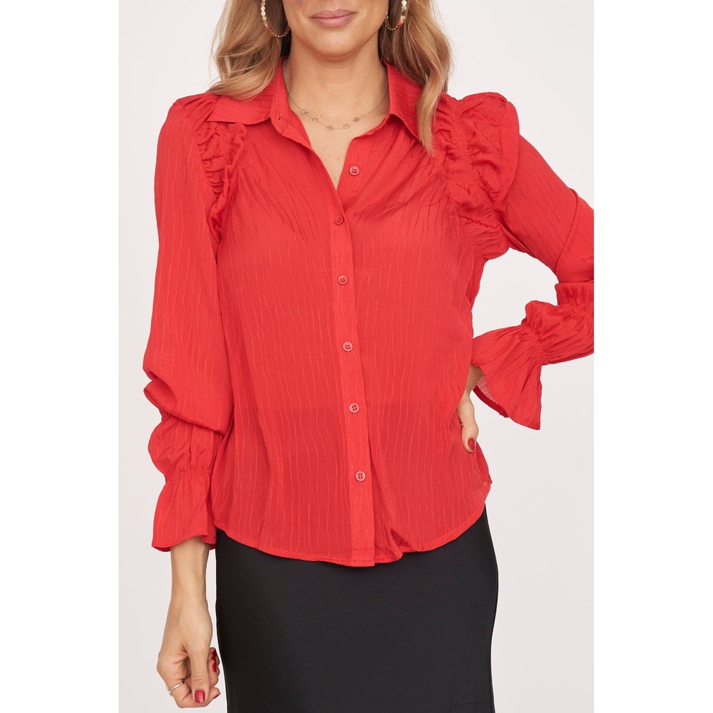 En Saison Red Ruched Shoulder Smocked Ruffle Cuff Button Down Blouse Medium